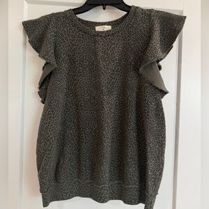 Anthropology T.La Green Leopard Print Ruffle Blouse